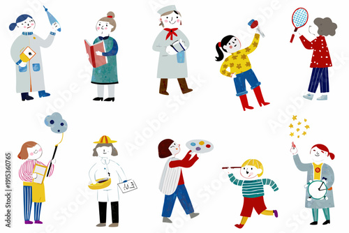 Diverse group of children engaging in various professions and creative activities