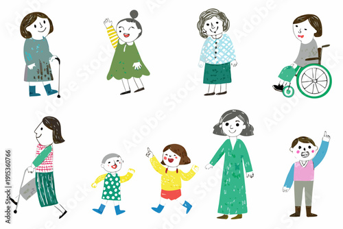 Diverse group of illustrated people including seniors and children waving