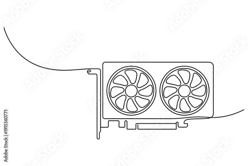 Computer Graphics Card with Dual Fans Minimalist Line Art Isolated on White