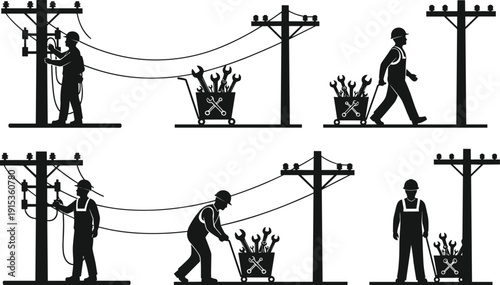 Professional electrician silhouettes working on power lines with utility poles tools and maintenance equipment for electrical infrastructure repair and power grid service