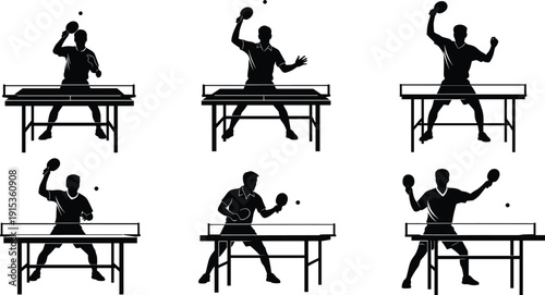 Professional table tennis player silhouettes collection featuring various action poses during ping pong matches with paddles balls and competition tables equipment