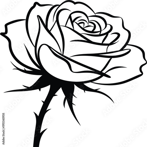 Black and white illustration of a single rose flower with thorns on stem and leaves