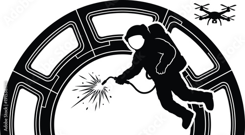 Silhouette illustration of astronaut welding in outer space near a circular station structure with flying drone isolated on white background for science fiction