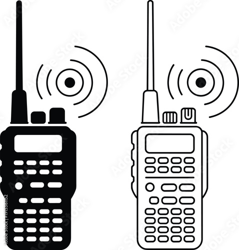 Two way radio walkie talkie icons in solid and outline styles, wireless communication device symbols, emergency service, security, industrial vector illustration