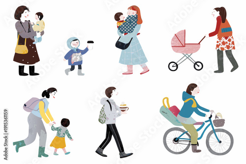 Illustrations of mothers with children in various everyday scenarios