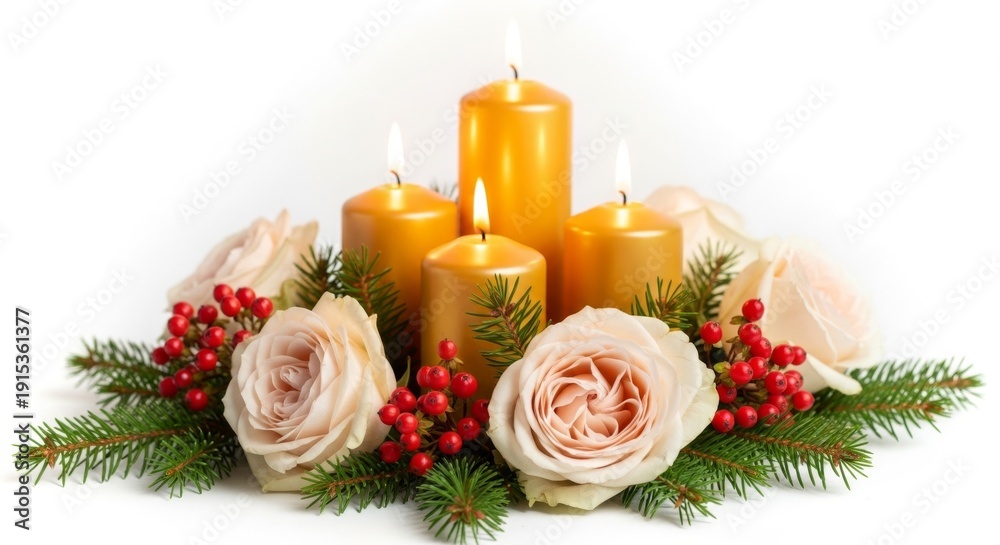 Fototapeta premium Golden candles, roses, fir branches, and berries on white background