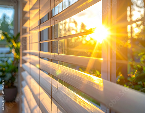 A window with blinds is open to let in the sun. The sun is shining through the blinds and creating a bright spot on the wall
