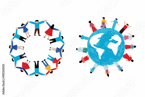 A diverse group of people encircling the earth symbolizing global unity