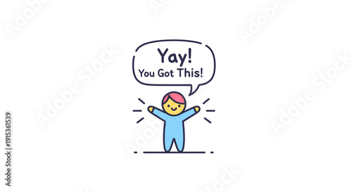 Cartoon person with speech bubble, conveying encouragement and positivity, minimalist vector