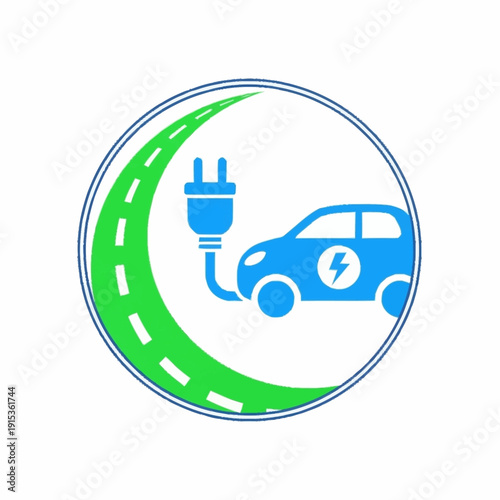Electric car charging on a road with a plug icon.