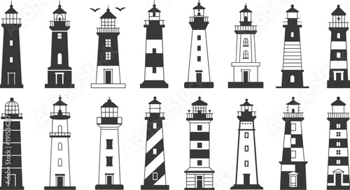 Lighthouse silhouette collection maritime beacon towers coastal navigation sea safety harbor lights nautical architecture vector icon set isolated