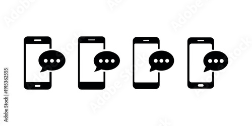Group of four smartphone icons with chat bubbles indicating messaging communication on white background