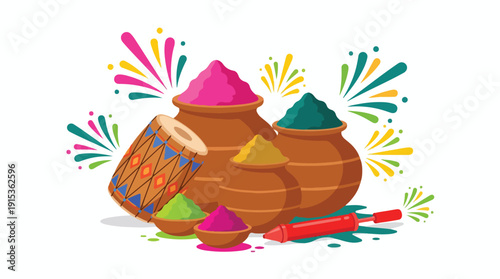 Vibrant illustration of Holi celebration with colorful powders in wooden pots and splashes of paint in a festive atmosphere