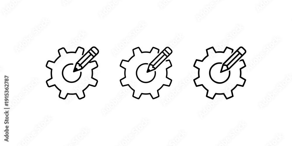 Fototapeta premium Three different sized gear icons incorporating a writing pencil editing mechanism function adjustment or customization workflow concept