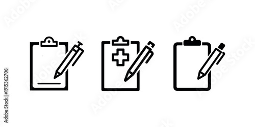 Collection of clipboard and pen icons representing medical record keeping patient history and document signing
