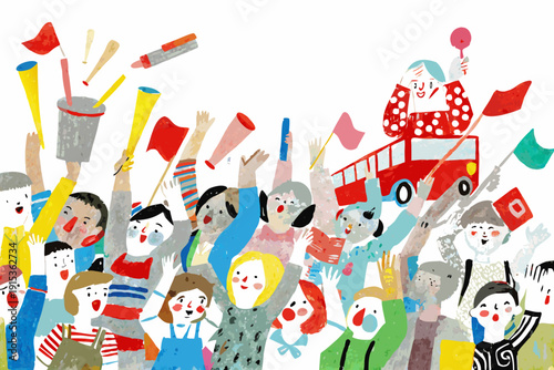 A cheerful illustration of a parade with people flags and a firetruck