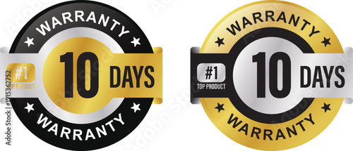 Premium 10-day warranty circle vector logo in black, gold, and silver. Perfect for product warranties, icons, logos, symbols, seals, stickers, quality assurance, labels, and certifications.