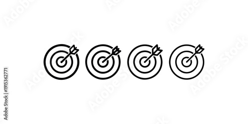 Four different line art illustrations of archery targets with arrows hitting bullseye representing precision accuracy and achieving goals