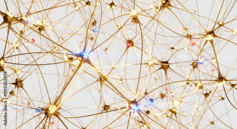 Obraz premium Golden neural network connections with glowing lights on white background