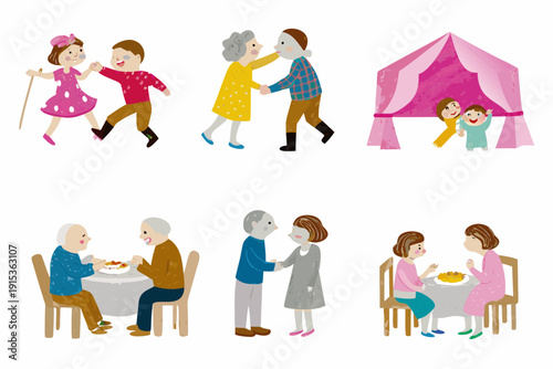 Illustrations depicting various stages of family life and togetherness