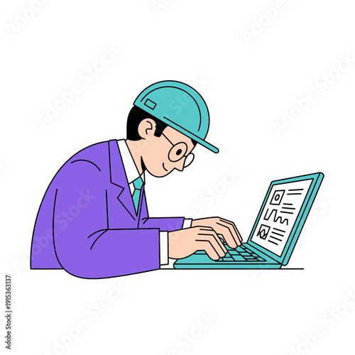 Man in suit and hard hat working on laptop computer.
