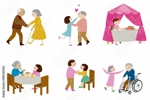 Illustrations depicting heartwarming family moments and elder care scenarios