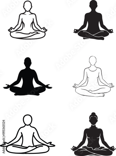 People meditating in lotus position, various outlines and silhouettes, demonstrating yoga and mindfulness for wellbeing