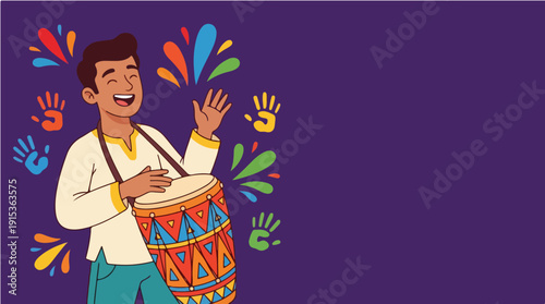 A cheerful man enthusiastically plays a vibrant drum surrounded by colorful handprints and paint splatters on a purple background during Festival of Colours