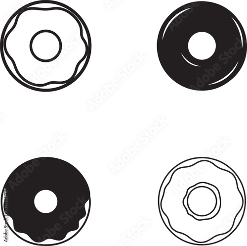 Set of black and white line art and solid silhouette style donut icons with a hole in the middle