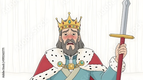 King holding sword wearing crown and royal cloak in cartoon style