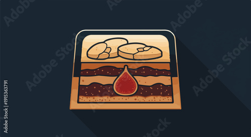 Stylized icon illustrating geological strata with valuable resources like rocks and a droplet of crude oil, representing earth's hidden treasures, mining, and fossil fuel extraction.