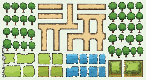 Top-down vector game assets featuring various green trees, sandy paths, light green grass patches, and blue water elements, isolated on a pale green background for map building.