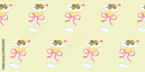 Martini horizontal seamless pattern, cute kissing olives on white background. Kawaii cocktail vector for Valentine Day party, flirty ribbons, stylish beverage border, doodle alcohol drink wallpaper.