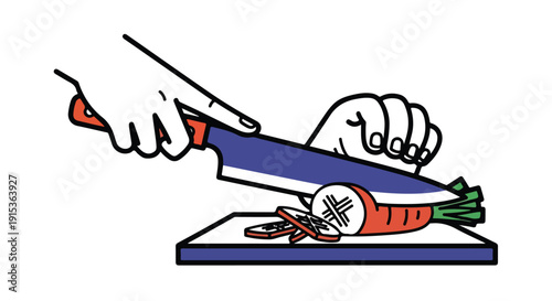 Illustrated depiction of hands carefully slicing a fresh orange carrot on a cutting board with a blue knife, symbolizing food preparation.