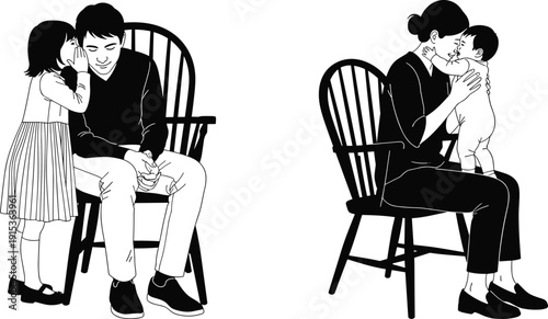 Black and white family illustration showing caring parents with children, father listening to daughter whisper, mother holding baby, parenting love, bonding, home lifestyle concept