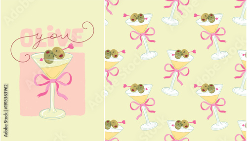 Martini cocktail set with greeting card and seamless pattern. Olive you hand-drawn lettering, cute kissing olives with pink bow. Kawaii Valentine Day background, stylish flirty textile, modern decor.