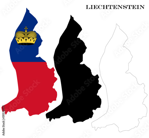 Liechtenstein Country Maps Bundle with National Flag, Black Silhouette and Detailed Outline Contours