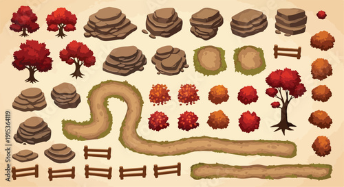 Vector isometric game assets set featuring brown rocks, vibrant red autumn trees, green bushes, wooden fences, and winding dirt paths isolated on a cream background.