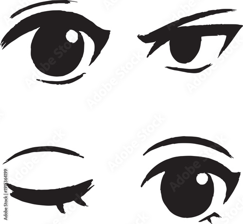 Silhouette of a brush styles background , anime style, different poses and styles , front of view , clear angels, clear body and cuts in black and white silhouette vector with transparent background 