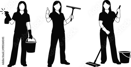 Cleaning service worker silhouettes with spray bottle, mop, bucket and squeegee, professional housekeeping staff collection, black vector illustration isolated on white background