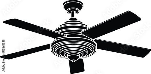 Ceiling fan silhouette with modern household cooling appliance design, home ventilation equipment illustration, black vector isolated on white background clean style