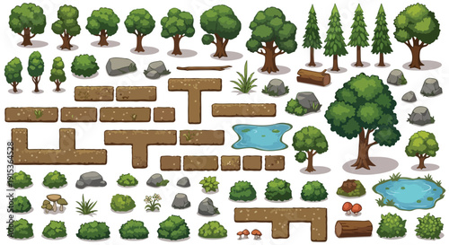 Pixel art vector game assets featuring various green trees, bushes, rocks, logs, and dirt ground tiles isolated on a transparent background.
