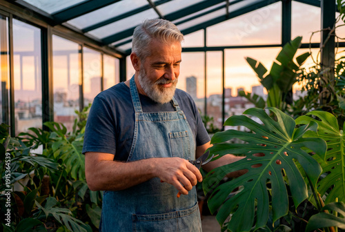 Senior man with gray beard pruning a large monstera leaf in his rooftop greenhouse garden during a beautiful golden hour sunset in