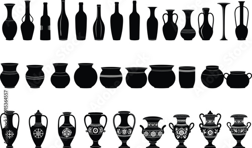 Decorative pottery and vase silhouette collection, traditional ceramic containers set, ornamental antique vessels, black isolated vector illustration design elements