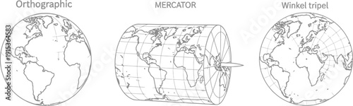 Three projections of the world map
