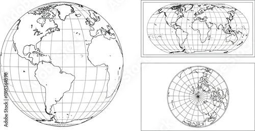 Vintage world map illustrations with globe and projections