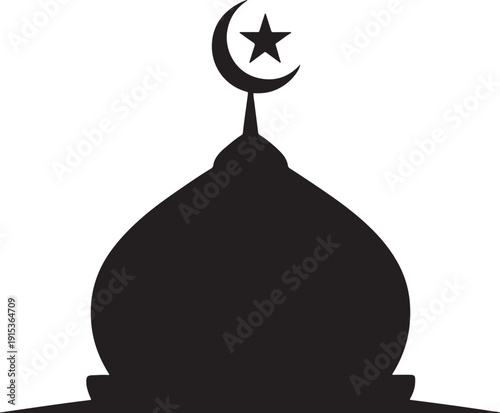 Black silhouette of a mosque dome with crescent moon and star