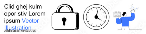 Data security, time management, educational tools, digital learning, cybersecurity, productivity. Lock symbol, clock man holding book and diagram. Data security and time management concept