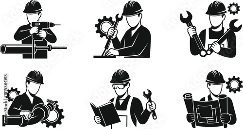 Industrial worker silhouettes set with tools and engineering activities, construction and maintenance concept illustration, professional labor icons isolated on white background