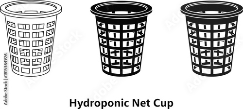 Hydroponic net cup illustration set, planting container for soilless gardening, modern agriculture equipment design isolated on white background